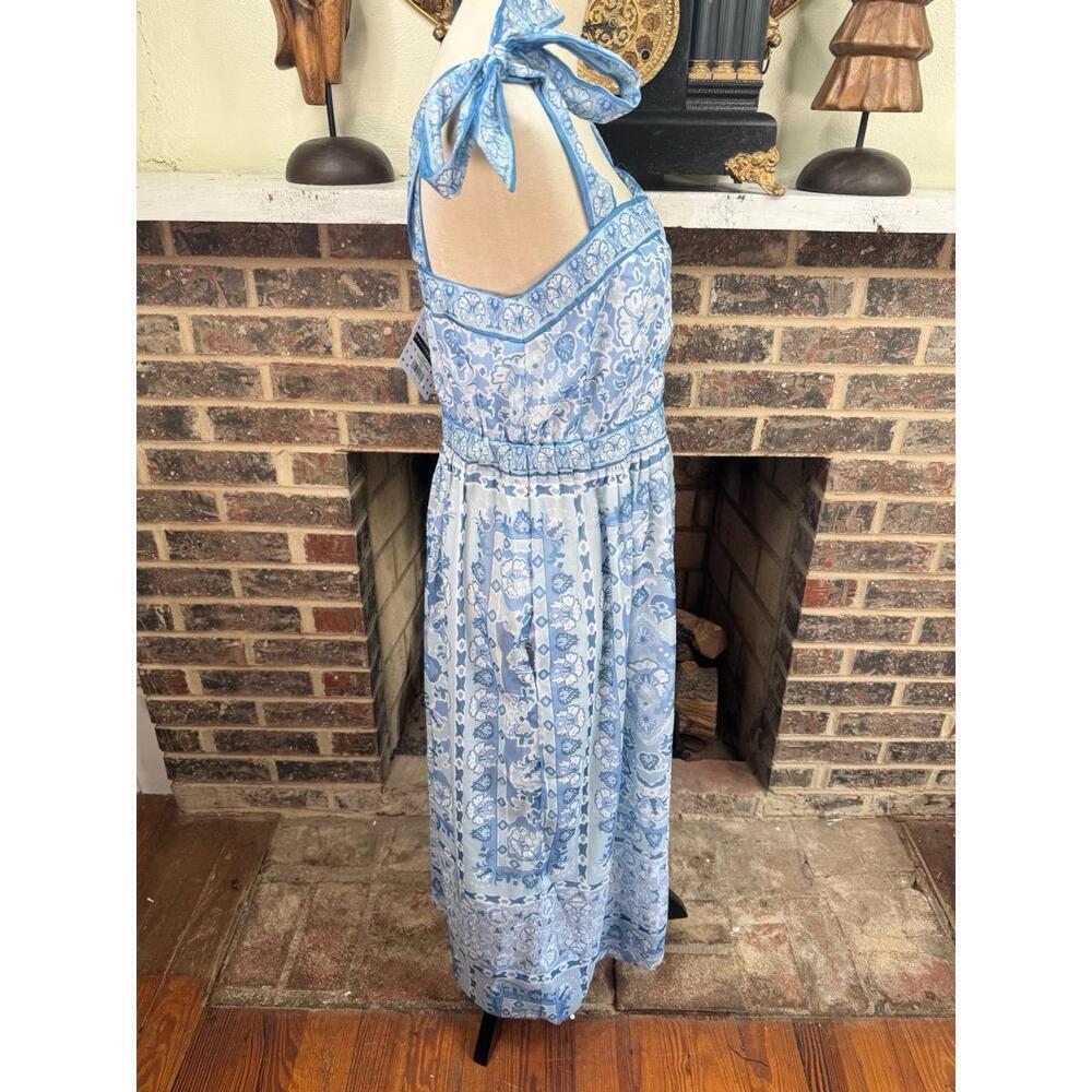 Gretchen Scott Dress Womens Size M Blue White Midi Floral Tie Shoulder - Picture 6 of 10